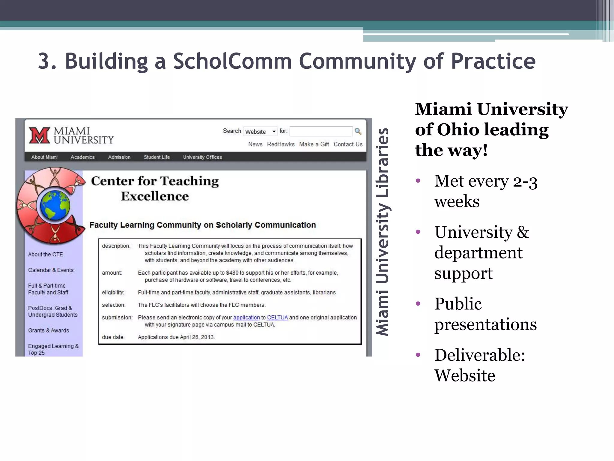 MiamiUniversityLibraries
Miami University
of Ohio leading
the way!
• Met every 2-3
weeks
• University &
department
support
• Public
presentations
• Deliverable:
Website
3. Building a ScholComm Community of Practice
 