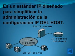 Es un estándar IP diseñado
para simplificar la
administración de la
configuración IP DEL HOST.