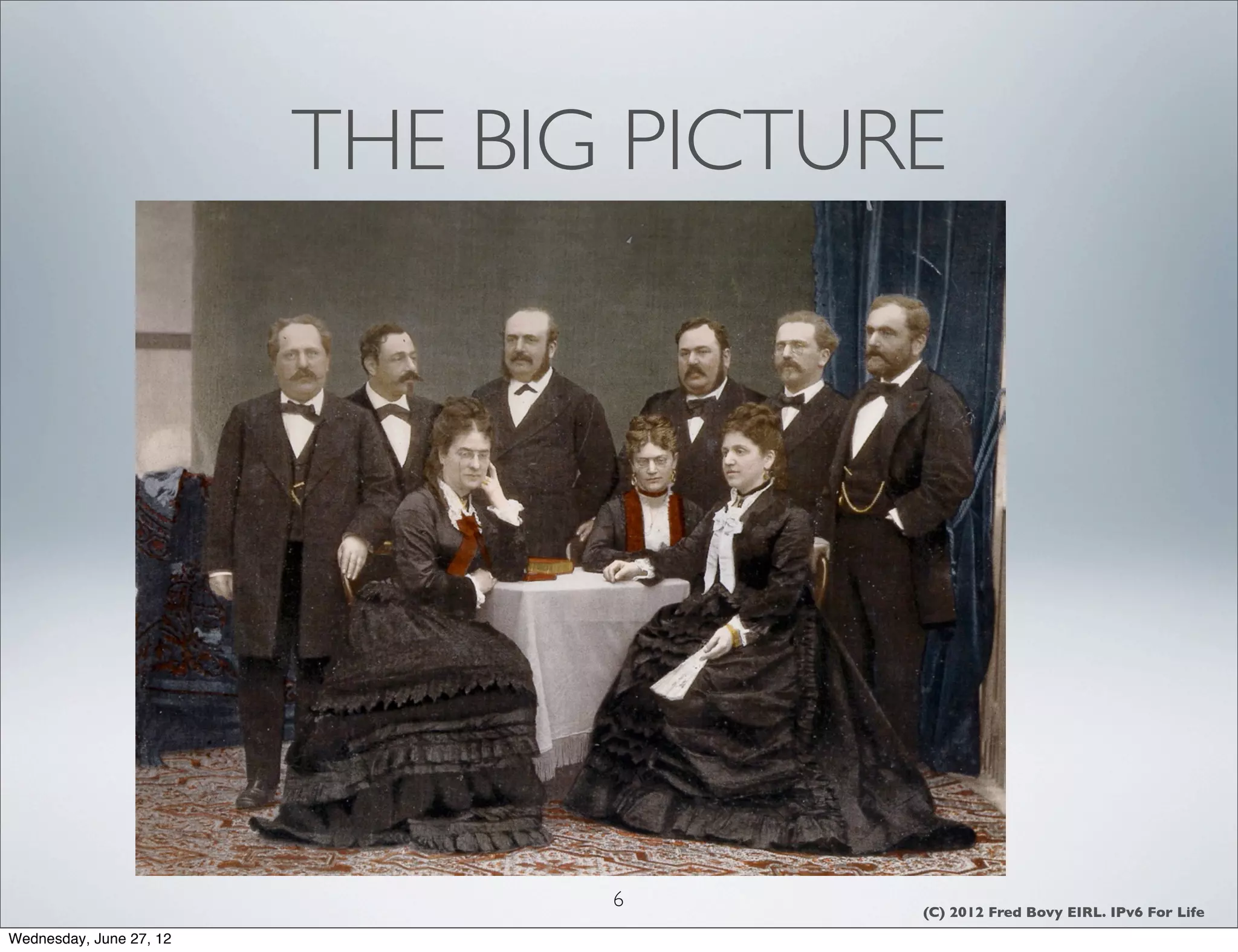 THE BIG PICTURE




                                6      (C) 2012 Fred Bovy EIRL. IPv6 For Life
Wednesday, June 27, 12
 