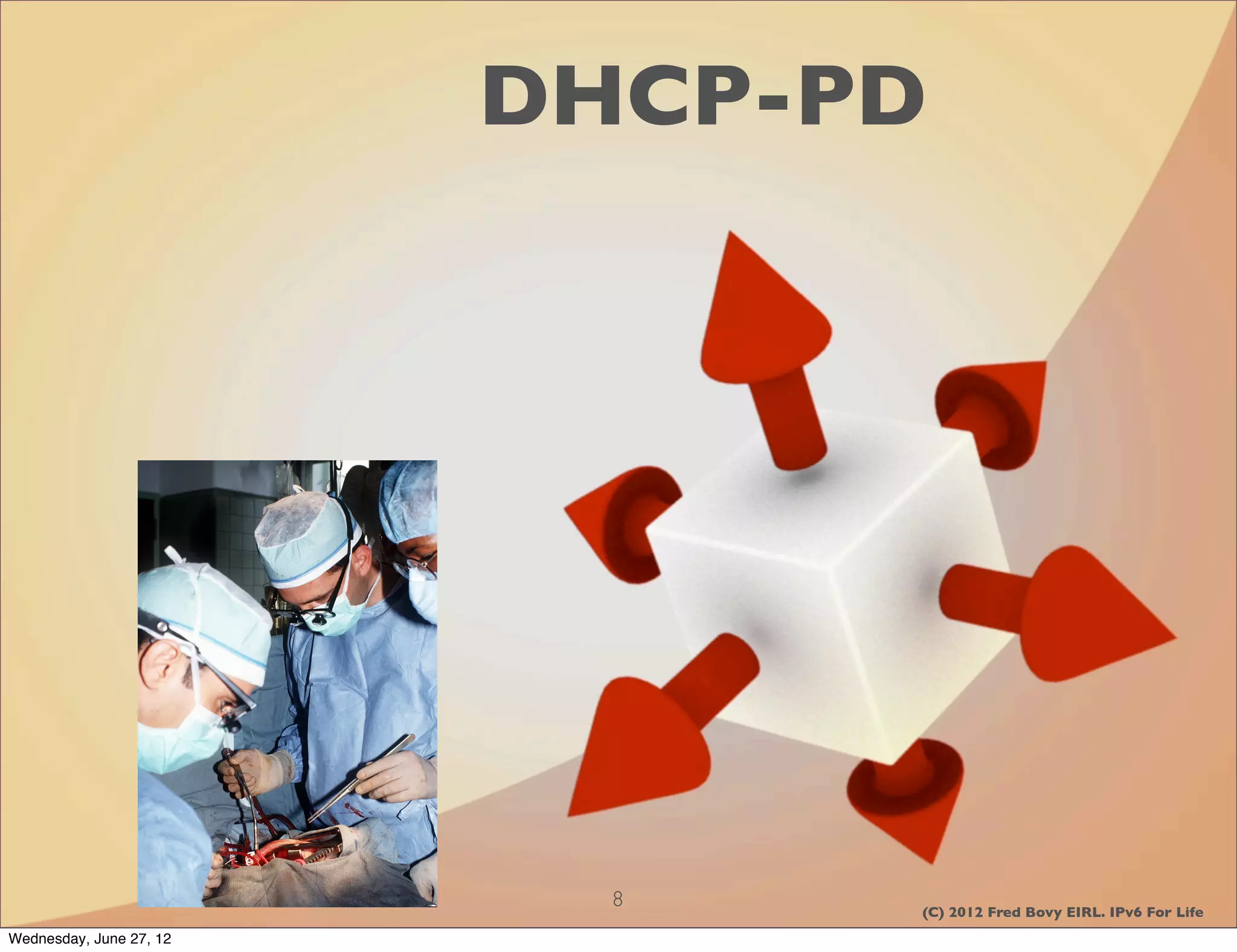 DHCP-PD




                           8   (C) 2012 Fred Bovy EIRL. IPv6 For Life
Wednesday, June 27, 12
 