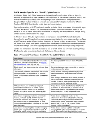 Microsoft® Windows Server™ 2003 White Paper



DHCP Vendor-Specific and Class ID Option Support
In Windows Server 2003, DHCP supports vendor-specific defining of options. When an option is
identified as vendor-specific, DHCP looks up the configuration as specified for the specific vendor. This
feature enables the quick introduction of compelling custom applications for enterprise networks.
Equipment from multiple vendors on a network can also use different option numbers for different
functions. RFC 2132 describes the vendor class and vendor options.

Most implementations of DHCP treat clients equally, rendering the server unaware of the specific types
of clients with which it interacts. This behavior necessitates a common configuration issued by the
server to all DHCP clients. It also restricts the server to assigning only an address from a scope, along
with the options available within that scope.

In Windows Server 2003, the implementation of user classes allows DHCP clients to distinguish
themselves by specifying a client type, such as a desktop or laptop. An administrator can then configure
a DHCP server to assign different options, depending on the type of client receiving them. For example,
the server could assign short leases to laptop clients, while desktop clients on the same network might
require other settings. User class support gives administrators greater flexibility in configuring clients.

Vendor and user classes are made available for use by DHCP clients and servers in a variety of ways.
The following table compares and contrasts the features of these classes.

Table 1. Vendor and User Classes Available for Use by DHCP Clients and Servers

User Classes                                                Vendor Classes
Part of proposed DHCP standard drafts. For updated          Part of accepted DHCP standard drafts (RFC 2131,
information, obtain the latest draft from the Request       2132).
for Comments Web site at http://ietf.org/.
Clients identify user class membership with user class      Clients identify vendor class membership by using the
information.                                                vendor class identifier option.
User class IDs can be set and viewed at DHCP clients        Vendor class IDs are configured internally by DHCP
running Windows 2000, Windows XP, or Windows                client system vendors, such as Microsoft and other
Server 2003 operating systems by using the ipconfig         vendors.
command.                                                    When adding a vendor class at the server, you need to
                                                            specify class data at the server that exactly matches
                                                            the class ID used by same-vendor clients. For more
                                                            information, contact the applicable vendor.
With user classes, you can take advantage of                Vendor classes provide classification of DHCP clients
predefined classes that can be used to support              by Windows 98, Windows 2000, or Microsoft DHCP
specialized groups of clients, such as Bootstrap            clients, which share the use of the Microsoft-reserved
Protocol (BOOTP) or Routing and Remote Access               vendor prefix (MSFT) in any class-related data.
clients.
User classes are typically created for administrative       Vendor classes are typically created for the
reasons, such as to identify all DHCP clients in a          enhancement of vendor-specific DHCP functionality.
specific site or location. For example, all computers       For example, Microsoft provides several additional
and printers located on the same floor in an office         vendor-specific options, such as the ability to disable
building might be assigned or configured as part of the     NetBIOS over TCP/IP for DHCP clients running
same user class.                                            Windows 2000 or Windows XP.
User classes are most helpful to users for managing         Vendor classes are most helpful to vendors for
DHCP option assignments based on their needs. If            managing DHCP option assignments based on vendor-
your DHCP network is large enough to benefit from           specific needs without disturbing other non-vendor



                                    Dynamic Host Configuration Protocol for Windows Server 2003                             4
 