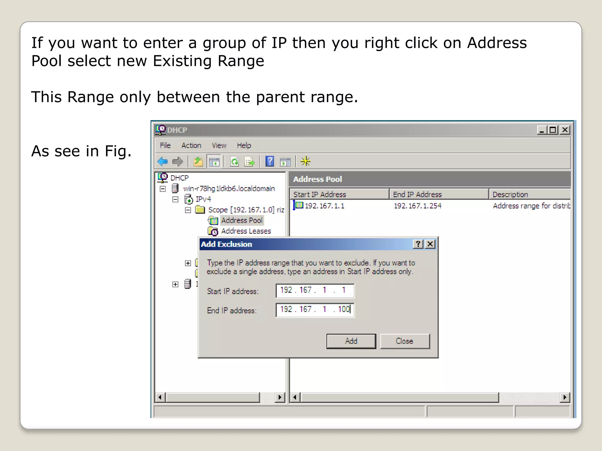 If you want to enter a group of IP then you right click on Address
Pool select new Existing Range

This Range only between the parent range.


As see in Fig.
 