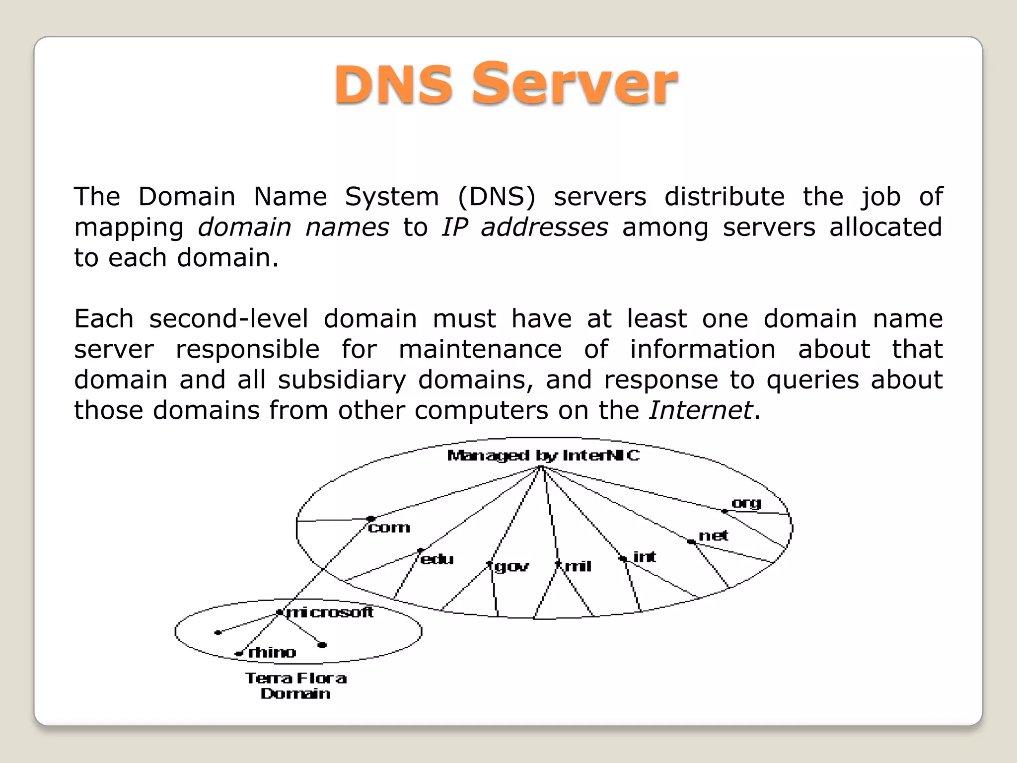 DNS Server

The Domain Name System (DNS) servers distribute the job of
mapping domain names to IP addresses among servers allocated
to each domain.

Each second-level domain must have at least one domain name
server responsible for maintenance of information about that
domain and all subsidiary domains, and response to queries about
those domains from other computers on the Internet.
 