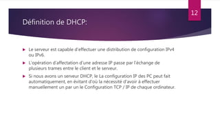 Définition de DHCP:
 Le serveur est capable d’effectuer une distribution de configuration IPv4
ou IPv6.
 L’opération d’affectation d’une adresse IP passe par l’échange de
plusieurs trames entre le client et le serveur.
 Si nous avons un serveur DHCP, le La configuration IP des PC peut fait
automatiquement, en évitant d'où la nécessité d'avoir à effectuer
manuellement un par un le Configuration TCP / IP de chaque ordinateur.
12
 