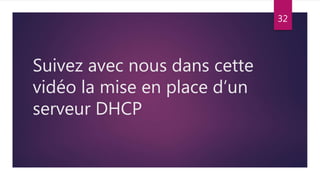 Suivez avec nous dans cette
vidéo la mise en place d’un
serveur DHCP
32
 