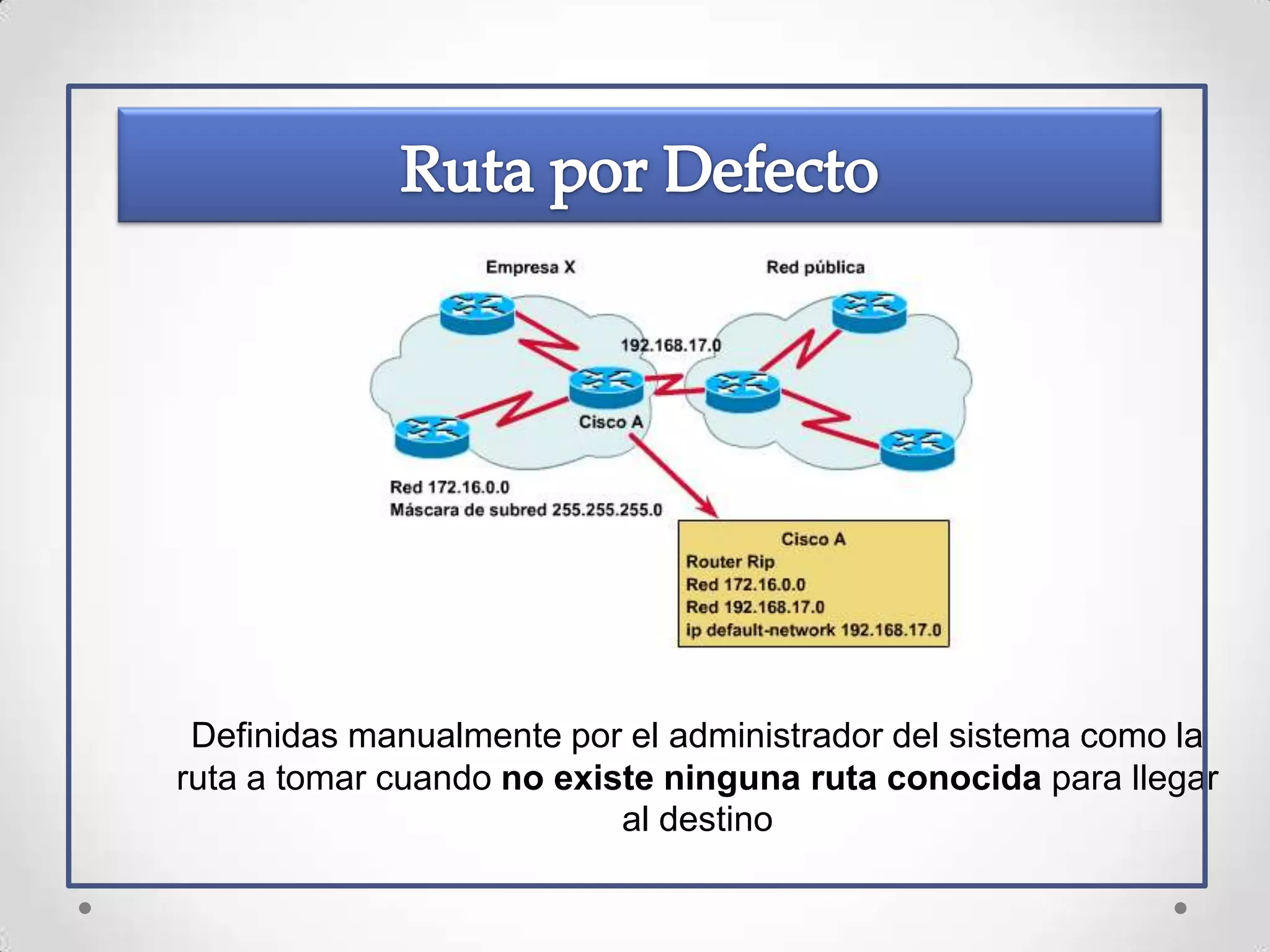 Definidas manualmente por el administrador del sistema como la
ruta a tomar cuando no existe ninguna ruta conocida para llegar
                           al destino
 