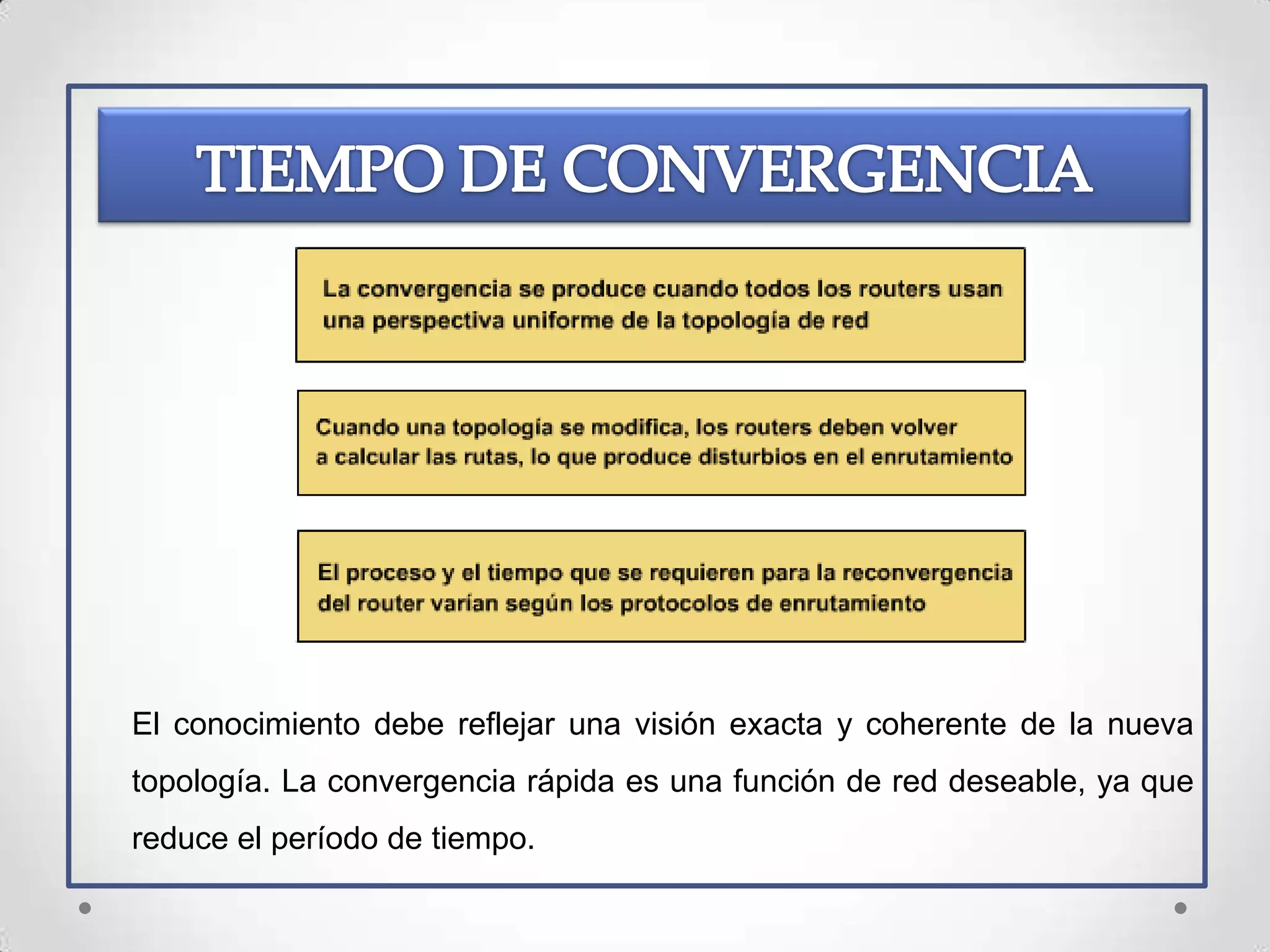 El conocimiento debe reflejar una visión exacta y coherente de la nueva
topología. La convergencia rápida es una función de red deseable, ya que
reduce el período de tiempo.
 