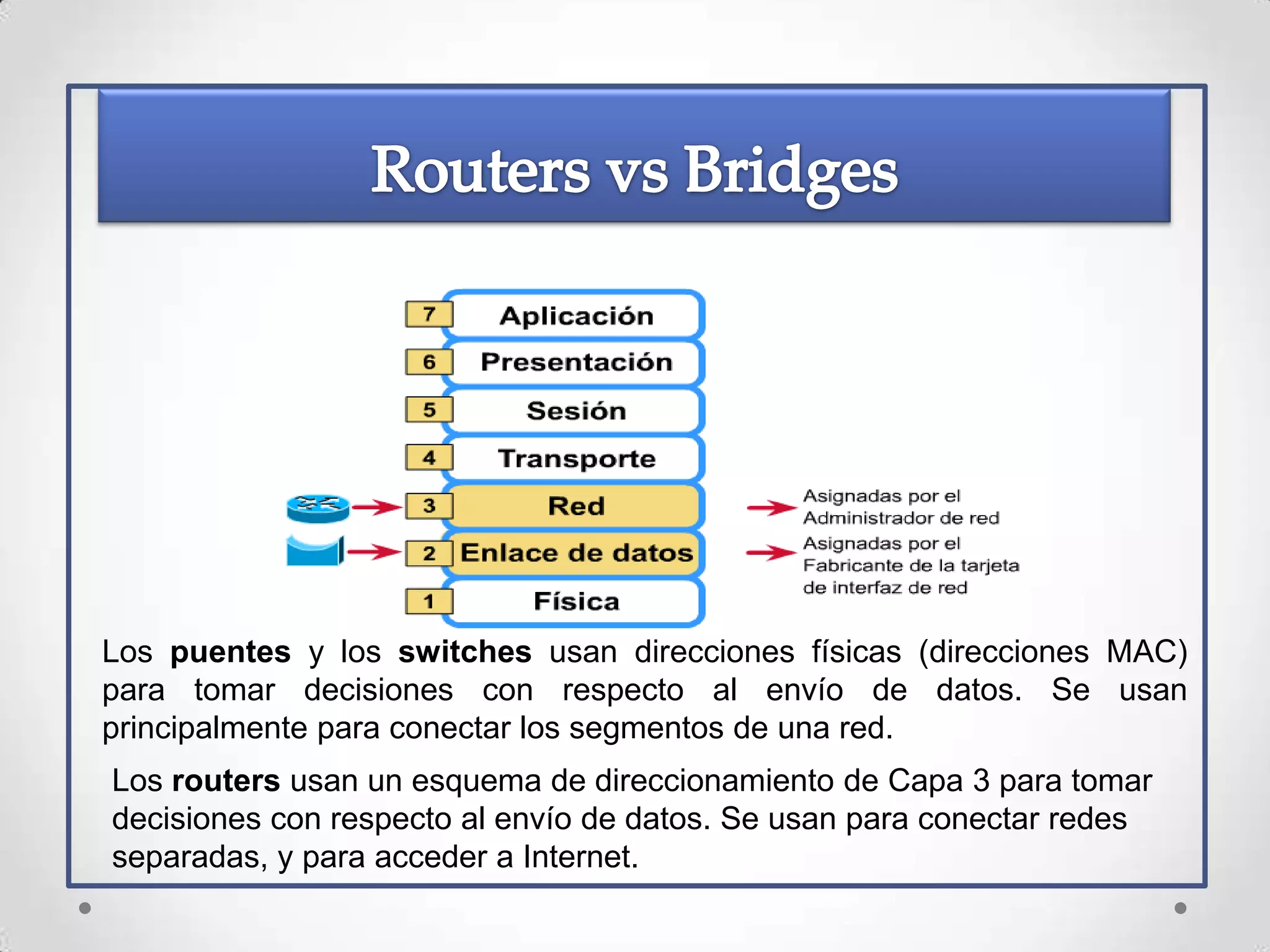 Los puentes y los switches usan direcciones físicas (direcciones MAC)
para tomar decisiones con respecto al envío de datos. Se usan
principalmente para conectar los segmentos de una red.
Los routers usan un esquema de direccionamiento de Capa 3 para tomar
decisiones con respecto al envío de datos. Se usan para conectar redes
separadas, y para acceder a Internet.
 
