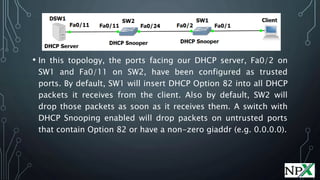 • In this topology, the ports facing our DHCP server, Fa0/2 on
SW1 and Fa0/11 on SW2, have been configured as trusted
ports. By default, SW1 will insert DHCP Option 82 into all DHCP
packets it receives from the client. Also by default, SW2 will
drop those packets as soon as it receives them. A switch with
DHCP Snooping enabled will drop packets on untrusted ports
that contain Option 82 or have a non-zero giaddr (e.g. 0.0.0.0).
 