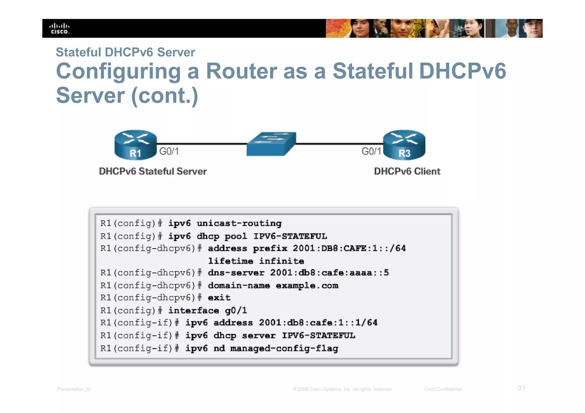 Stateful DHCPv6 Server
Configuring a Router as a Stateful DHCPv6
Server (cont.)
31Presentation_ID © 2008 Cisco Systems, Inc. All rights reserved. Cisco Confidential
 