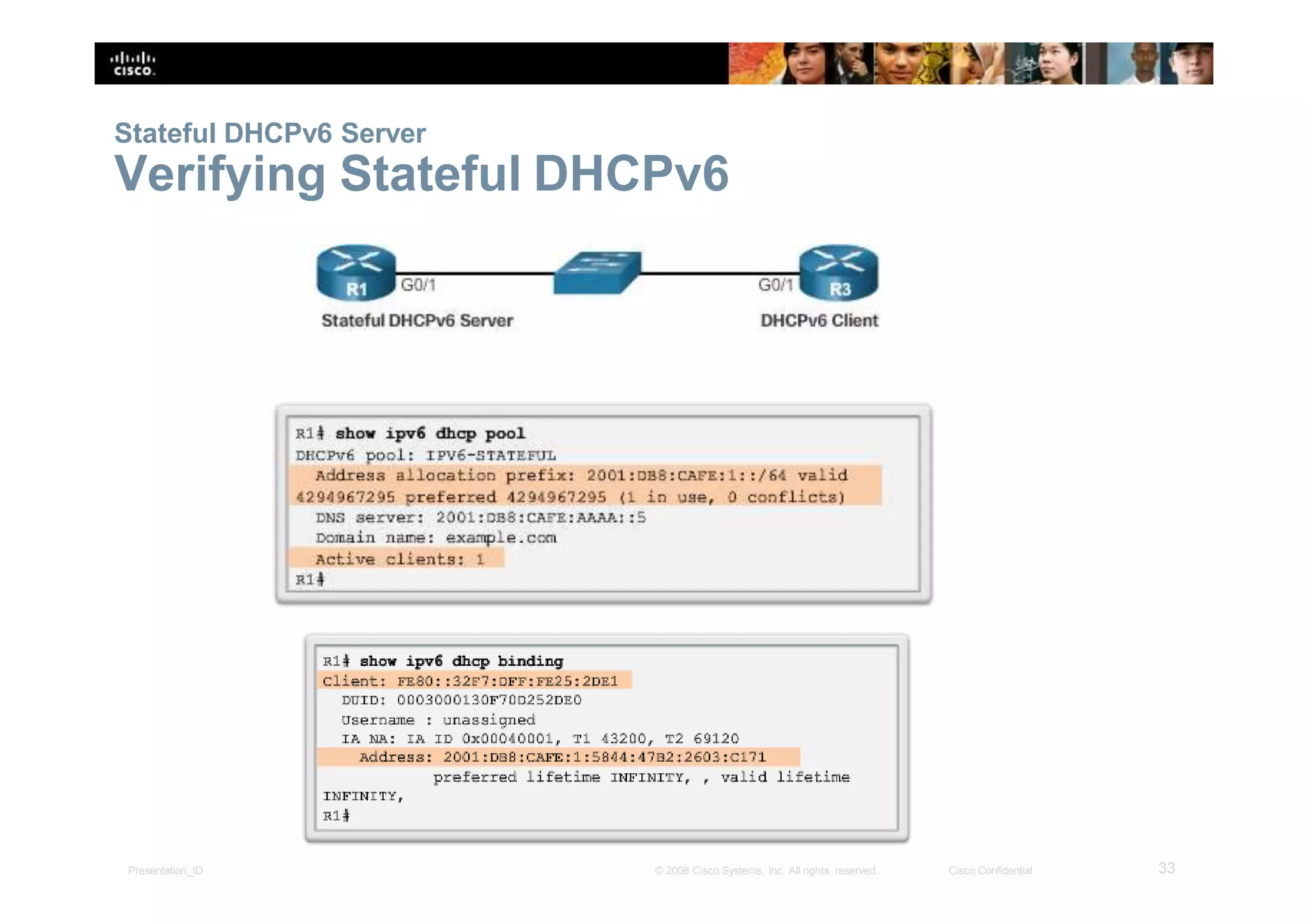 Stateful DHCPv6 Server
Verifying Stateful DHCPv6
33Presentation_ID © 2008 Cisco Systems, Inc. All rights reserved. Cisco Confidential
 