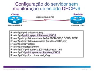 Servidor

Cliente
2001:DB8:ACAD:1::/64

R2

S0/0/0

Link-Local FE80::2

S0/0/0

R1
Link-Local FE80::1

R1(config)#ipv6 unicast-routing
R1(config)#ipv6 dhcp pool Stateless_DHCP
R1(config-dhcpv6)#dns-server AAAA:BBBB:CCCC:DDDD::FFFF
R1(config-dhcpv6)#domain-name StatelessDHCP.com
R1(config-dhcpv6)#exit
R1(config)#interface s0/0/0
R1(config-if)#ipv6 address 2001:db8:acad:1::1/64
R1(config-if)#ipv6 dhcp server Stateless_DHCP
R1(config-if)#ipv6 nd other-config-flag

© 2013 Cisco e/ou suas afiliadas. Todos os direitos reservados.

Público da Cisco

15

 