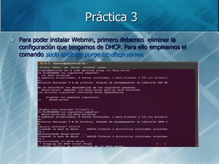 Práctica 3
   Para poder instalar Webmin, primero debemos eliminar la
    configuración que tengamos de DHCP. Para ello empleamos el
    comando sudo aptitude purge isc-dhcp-server.
 