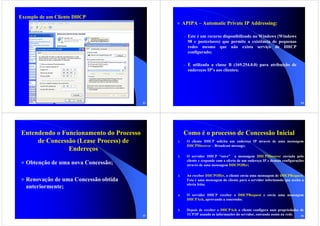 Exemplo de um Cliente DHCP
                                                   APIPA – Automatic Private IP Addressing:

                                                   – Este é um recurso disponibilizado no Windows (Windows
                                                     98 e posteriores) que permite a existência de pequenas
                                                     redes mesmo que não exista serviço de DHCP
                                                     configurado;

                                                   – É utilizada a classe B (169.254.0.0) para atribuição de
                                                     endereços IP’s aos clientes;




                                         13                                                                                14




Entendendo o Funcionamento do Processo             Como é o processo de Concessão Inicial
     de Concessão (Lease Process) de          1.     O cliente DHCP solicita um endereço IP através de uma mensagem
                                                     DHCPDiscover – Broadcast message;
               Endereços
                                              2.     O servidor DHCP “ouve” a mensagem DHCPDiscover enviada pelo
                                                     cliente e responde com a oferta de um endereço IP e demais configurações
  Obtenção de uma nova Concessão;                    através de uma mensagem DHCPOffer;

                                              3.     Ao receber DHCPOffer, o cliente envia uma mensagem de DHCPRequest.
  Renovação de uma Concessão obtida                  Esta é uma mensagem do cliente para o servidor informando que aceita a
                                                     oferta feita;
  anteriormente;
                                              4.     O servidor DHCP receber o DHCPRequest e envia uma mensagem
                                                     DHCPAck, aprovando a concessão;

                                              5.     Depois de receber o DHCPAck o cliente configura suas propriedades de
                                         15          TCP/IP usando as informações do servidor, entrando assim na rede. 16
 