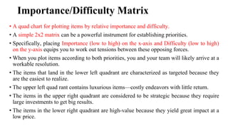 Importance/Difficulty Matrix
• A quad chart for plotting items by relative importance and difficulty.
• A simple 2x2 matrix can be a powerful instrument for establishing priorities.
• Specifically, placing Importance (low to high) on the x-axis and Difficulty (low to high)
on the y-axis equips you to work out tensions between these opposing forces.
• When you plot items according to both priorities, you and your team will likely arrive at a
workable resolution.
• The items that land in the lower left quadrant are characterized as targeted because they
are the easiest to realize.
• The upper left quad rant contains luxurious items—costly endeavors with little return.
• The items in the upper right quadrant are considered to be strategic because they require
large investments to get big results.
• The items in the lower right quadrant are high-value because they yield great impact at a
low price.
 