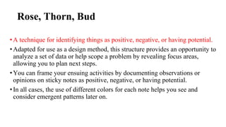 Rose, Thorn, Bud
•A technique for identifying things as positive, negative, or having potential.
•Adapted for use as a design method, this structure provides an opportunity to
analyze a set of data or help scope a problem by revealing focus areas,
allowing you to plan next steps.
•You can frame your ensuing activities by documenting observations or
opinions on sticky notes as positive, negative, or having potential.
•In all cases, the use of different colors for each note helps you see and
consider emergent patterns later on.
 