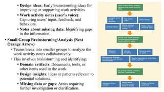 • Design ideas: Early brainstorming ideas for
improving or supporting work activities.
• Work activity notes (user’s voice):
Capturing users’ input, feedback, and
behaviors.
• Notes about missing data: Identifying gaps
in the information.
• Small Group Brainstorming/Analysis (Next
Orange Arrow)
• Teams break into smaller groups to analyze the
work activity notes collaboratively.
• This involves brainstorming and identifying:
• Domain artifacts: Documents, tools, or
other items used in the work.
• Design insights: Ideas or patterns relevant to
potential solutions.
• Missing data or gaps: Areas requiring
further investigation or clarification.
 