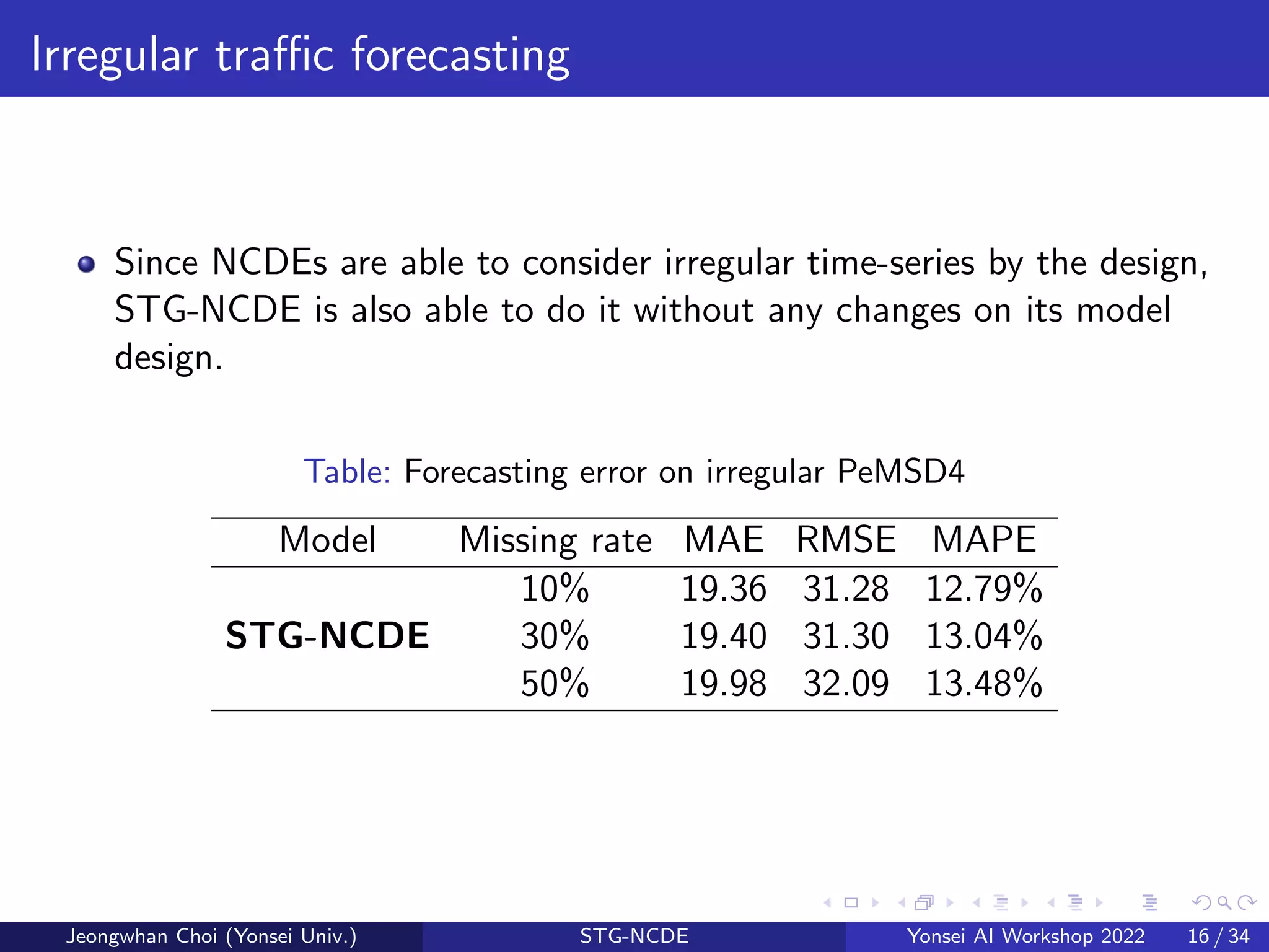 Irregular traffic forecasting
Since NCDEs are able to consider irregular time-series by the design,
STG-NCDE is also able to do it without any changes on its model
design.
Table: Forecasting error on irregular PeMSD4
Model Missing rate MAE RMSE MAPE
STG-NCDE
10% 19.36 31.28 12.79%
30% 19.40 31.30 13.04%
50% 19.98 32.09 13.48%
Jeongwhan Choi (Yonsei Univ.) STG-NCDE Yonsei AI Workshop 2022 16 / 34
 