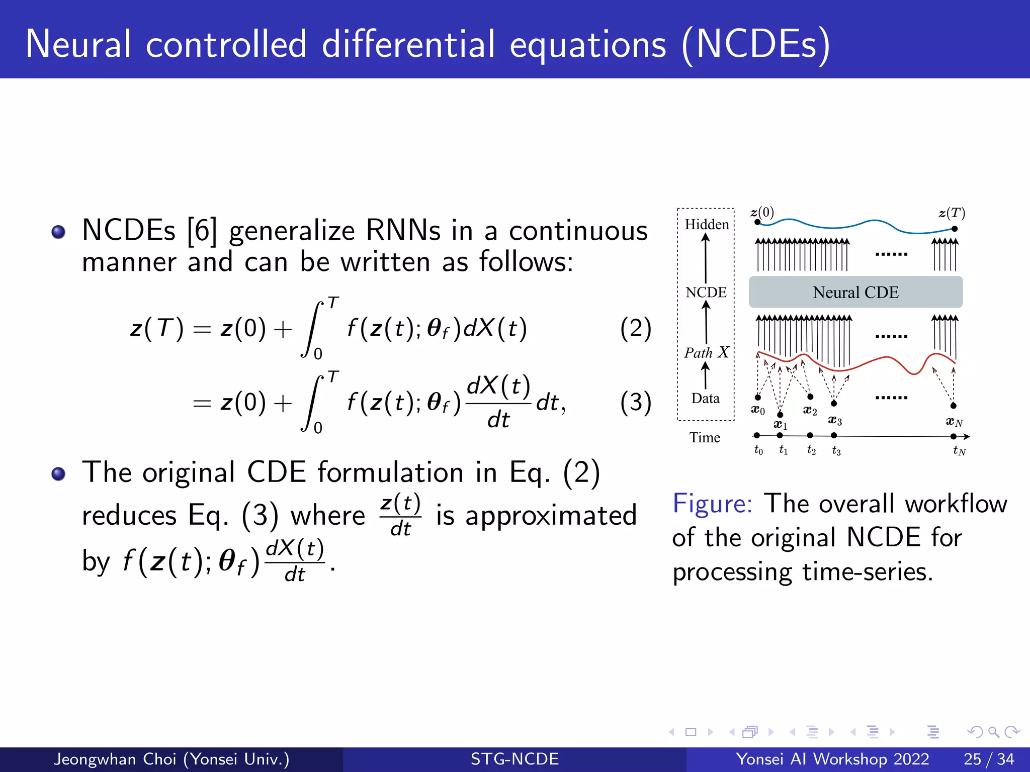 Neural controlled differential equations (NCDEs)
NCDEs [6] generalize RNNs in a continuous
manner and can be written as follows:
z(T) = z(0) +
Z T
0
f (z(t); θf )dX(t) (2)
= z(0) +
Z T
0
f (z(t); θf )
dX(t)
dt
dt, (3)
The original CDE formulation in Eq. (2)
reduces Eq. (3) where z(t)
dt is approximated
by f (z(t); θf )dX(t)
dt .
Time
Path
NCDE
Data
Hidden
Neural CDE
......
......
......
Figure: The overall workflow
of the original NCDE for
processing time-series.
Jeongwhan Choi (Yonsei Univ.) STG-NCDE Yonsei AI Workshop 2022 25 / 34
 