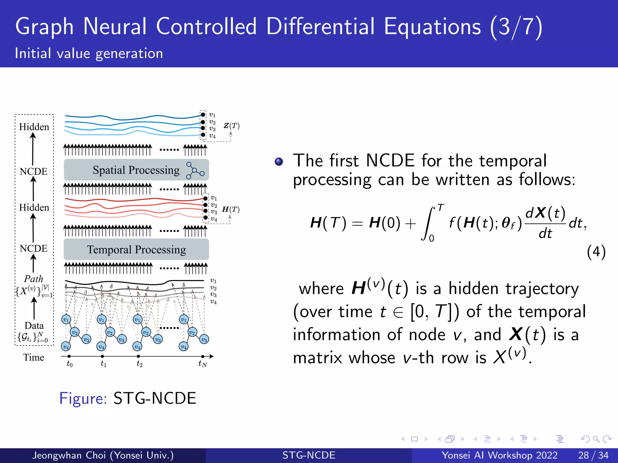 Graph Neural Controlled Differential Equations (3/7)
Initial value generation
Time
Path
NCDE
Data
Hidden
Temporal Processing
Spatial Processing
NCDE
Hidden
......
......
......
......
......
Figure: STG-NCDE
The first NCDE for the temporal
processing can be written as follows:
H(T) = H(0) +
Z T
0
f (H(t); θf )
dX(t)
dt
dt,
(4)
where H(v)(t) is a hidden trajectory
(over time t ∈ [0, T]) of the temporal
information of node v, and X(t) is a
matrix whose v-th row is X(v).
Jeongwhan Choi (Yonsei Univ.) STG-NCDE Yonsei AI Workshop 2022 28 / 34
 