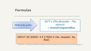 Formulas
DEFICT DE SODIO: 0.5 X PESO X (Na. deseado- Na.
Real)
 