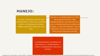 MANEJO:
SE PUEDE CONSIDERAR QUE POR CADA
DISMINUCIÓN DE 1 MEQ/L EN EL POTASIO
SÉRICO, LAS RESERVAS DE POTASIO
HABRÁN DISMINUIDO ENTRE 200 Y 400
MEQ.
POR VÍA IV, LA HIPOPOTASEMIA SE TRATA
CON CLORURO POTÁSICO: DEBE
ADMINISTRARSE EN UNA SOLUCIÓN EN LA
CUAL SU CONCENTRACIÓN NO SUPERE LOS
50 MEQ/L, A UN RITMO INFERIOR A LOS 20
MEQ/HORA Y EN UNA CANTIDAD DIARIA
TOTAL QUE NO EXCEDA DE 200 MEQ.
LA HIPOMAGNESEMIA ACOMPAÑA CON
FRECUENCIA A LA HIPOPOTASEMIA, Y
ALTERA LA REABSORCIÓN TUBULAR DE
POTASIO.
DE SEQUERA ORTÍZ P, ALCAZAR ARROYO R, ALBALATE RAMON M. ALTERACIONES DEL POTASIO. EN: LORENZO V, LÓPEZ GÓMEZ JM (EDS) NEFROLOGÍA AL DÍA. HTTP://WWW.REVISTANEFROLOGIA.COM/ES-MONOGRAFIAS-NEFROLOGIA-DIA-ARTICULO-
 