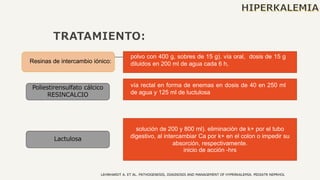 TRATAMIENTO:
Resinas de intercambio iónico:
Poliestirensulfato cálcico
RESINCALCIO
polvo con 400 g, sobres de 15 g). vía oral, dosis de 15 g
diluidos en 200 ml de agua cada 6 h,
vía rectal en forma de enemas en dosis de 40 en 250 ml
de agua y 125 ml de luctulosa
Lactulosa
solución de 200 y 800 ml). eliminación de k+ por el tubo
digestivo, al intercambiar Ca por k+ en el colon o impedir su
absorción, respectivamente.
inicio de acción -hrs
LEHNHARDT A. ET AL. PATHOGENESIS, DIAGNOSIS AND MANAGEMENT OF HYPERKALEMIA. PEDIATR NEPRHOL
 