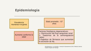Epidemiologia
Prevalencia
Hombres=mujeres
Edad promedio : 67
años
Aumento conforme la
edad
Factores fisiológicos degenerativos:
1- Disminución del flujo sanguíneo renal
2- Trastornos de la osmoregulacion
(ADH)
3-Ingestion de fármacos que aumentan
la excreción de Na.
Actualizaciones en el estudio y manejo de hiponatremia 2018. Medicina Interna
hospital Ángeles del Pedregal
 