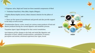 Trigunas: salva, Rajal and Tamal are three essential components of Mind
 Tridoshas:Vata(fAixi), Pitta (Bile), Rapha (Phlegm).
Saptha dhatus:Saptha (seven), dhatu (tissues) elments for the pillars of
body.
 There are the means of nourishment and growth and also provide support
to the body as well as mind.
Trimalasmalas (faeces, wrine, sweat) are various waste products of food and
dhatus produced during the normal digestive and metabolic process.
Trayadosa Agent (Agni) Biological for that control metabolism.
Ayni balances all the changes in the body and mind like digestion and
absorption of food, collulay transformations, assimilation of sensory
perception and mental, emotional experience.four types, hoved
 