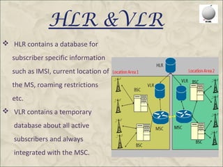 HLR &VLR
 HLR contains a database for
   subscriber specific information
   such as IMSI, current location of
   the MS, roaming restrictions
   etc.
 VLR contains a temporary
   database about all active
   subscribers and always
   integrated with the MSC.
 