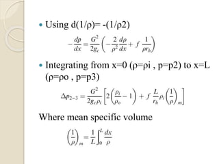  Using d(1/ρ)= -(1/ρ2)
 Integrating from x=0 (ρ=ρi , p=p2) to x=L
(ρ=ρo , p=p3)
Where mean specific volume
 