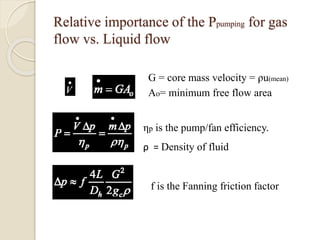 Relative importance of the Ppumping for gas
flow vs. Liquid flow
G = core mass velocity = ρu(mean)
Ao= minimum free flow area
ηp is the pump/fan efficiency.
ρ = Density of fluid
f is the Fanning friction factor
 