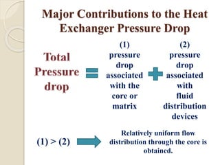 Major Contributions to the Heat
Exchanger Pressure Drop
(1)
pressure
drop
associated
with the
core or
matrix
(2)
pressure
drop
associated
with
fluid
distribution
devices
(1) > (2)
Relatively uniform flow
distribution through the core is
obtained.
 