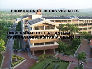 PROMOCION DE BECAS VIGENTES

UNIVERSIDAD DELL ATLÁNTICO
CATEDRA UNIVERSITARIA GRUPO 63

DALIA HERRERA

 