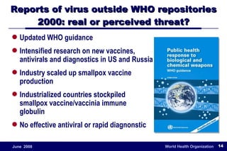 Reports of virus outside WHO repositories 2000: real or perceived threat? Updated WHO guidance Intensified research on new vaccines, antivirals and diagnostics in US and Russia Industry scaled up smallpox vaccine production  Industrialized countries stockpiled smallpox vaccine/vaccinia immune globulin No effective antiviral or rapid diagnonstic 