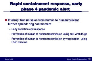 Rapid containment response, early phase 4 pandemic alert  Interrupt transmission from human to human/prevent further spread: ring containment Early detection and response Prevention of human to human transmission using anti-viral drugs Prevention of human to human transmission by vaccination  using H5N1 vaccine 