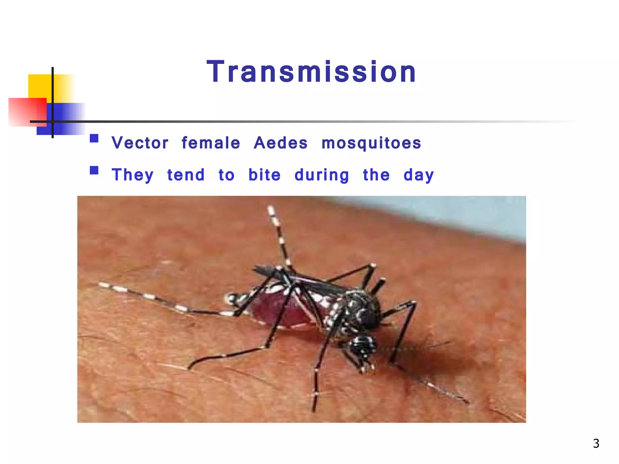 Transmission Vector female Aedes mosquitoes They tend to bite during the day   