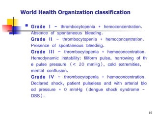 World Health Organization classification Grade I -  thrombocytopenia + hemoconcentration. Absence of spontaneous bleeding. Grade II -  thrombocytopenia + hemoconcentration. Presence of spontaneous bleeding. Grade III -  thrombocytopenia + hemoconcentration. Hemodynamic instability: filiform pulse, narrowing of the pulse pressure (< 20 mmHg), cold extremities, mental conffusion.  Grade IV -  thrombocytopenia + hemoconcentration. Declared shock, patient pulseless and with arterial blood pressure = 0 mmHg (dengue shock syndrome - DSS). 