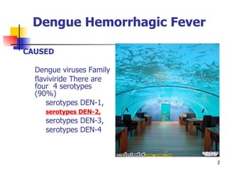 Dengue Hemorrhagic Fever CAUSED D engue viruses  Family  flaviviride There are four  4 serotypes (90 %) serotypes DEN-1, serotypes DEN-2, serotypes DEN-3,  serotypes DEN-4 