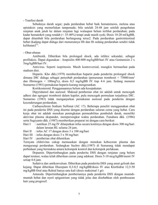 - Tranfusi darah
        Sebaiknya darah segar; pada perdarahan hebat baik hematemesis, melena atau
epistaksis yang memerlukan tamponade; bila setelah 24-48 jam setelah pengobatan
renjatan anak jatuh ke dalam renjatan lagi walaupun belum terlihat perdarahan; pada
kadar hematokrit yang rendah (< 35-40%) tetapi anak masih syok; Dosis 10-20 ml/kgBB,
dapat ditambah bila perdarahan berlangsung terus2. Pada perdarahan gastrointestinal
hebat (kadang dapat diduga dari menurunnya Hb dan Ht sedang perdarahan sendiri tidak
kelihatan)(3).

- Obat-obatan
        Antibiotik. Diberikan bila prolonged shock, ada infeksi sekunder, sebagai
profilaksis. Dapat digunakan : Ampisilin 400-800 mg/kgBB/hari IV atau Gentamisin 2 x
5mg/kgBB/hari IV.
        Antivirus. Seperti isoprinosin. Masih kontroversial, mungkin bermanfaat pada
stadium dini.
        Heparin. Kho dkk.(1979) memberikan heparin pada penderita prolonged shock
dimana DIC diduga sebagai penyebab perdarahan (penurunan trombosit < 75000/mm³
dan fibrinogen < 100mg%), dosis 0,5 mg/kgBB IV tiap 4-6 jam. Sedang menurut
Sumarmo (1981) pemakaian heparin kurang mengesankan.
        Kortikosteroid. Penggunaannya belum ada kesepakatan.
        Dipyridamol dan asetosal. Maksud pemberian obat ini adalah untuk mencegah
adhesi dan agregasi trombosit dalam kapiler, pula mencegah permulaan terjadinya DIC.
Sumarmo (1983) tidak menganjurkan pemakaian asetosal pada penderita dengan
kecenderungan perdarahan.
        Carbazochrom Sodium Sulfonat (AC 17). Beberapa peneliti menggunakan obat
ini pada penderita DSS yang disertai dengan perdarahan saluran cerna yang hebat. Cara
kerja obat ini adalah menekan peningkatan permeabilitas pembuluh darah, memiliki
aktivitas plasma ekspander, mempersingkat waktu perdarahan. Funahara dkk. (1986)
serta Sugiyanto dkk. (1987) memberikan preparat ini dengan cara berikut:
Hari I : suntikan 25 mg IV dilanjutkan infus secara kontinyu dengan dosis 300 mg/hari
           dalam larutan RL selama 24 jam.
Hari II : infus AC 17 dengan dosis 3 x 100 mg/hari
Hari III : infus dengan dosis 3 x 50 mg/hari
Hari IV : pemberian obat dihentikan.
Ternyata efektivitas cukup memuaskan dengan menekan kebocoran plasma dan
mengurangi perdarahan. Sedangkan Sachro dkk.(1987) di Semarang tidak mendapat
perbedaan yang bermakna antara kelompok kontrol dan kelompok perlakuan.
        Dopamin. Dipertimbangkan pada penderita DSS dengan renjatan yang belum
dapat teratasi, walau telah diberikan cairan yang adekuat. Dosis 5-10 mcg/kgBB/menit IV
setiap 4-6 jam.
        Sedativa dan antikonvulsan. Diberikan pada penderita DSS yang amat gelisah dan
kejang. Dapat diberikan Diazepam 0,3-0,5 mg/kgBB/dosis IV atau Klorhidrat 12,5-50
mg/kgBB Oral atau Rektal hanya satu kali (dosis maksimal 1 gr)
        Antasida. Dipertimbangkan pemberiannya pada penderita DSS dengan muntah-
muntah hebat dan nyeri epigastrium yang tidak jelas dan disebabkan oleh pembesaran
hati yang progresif.



                                          7
 