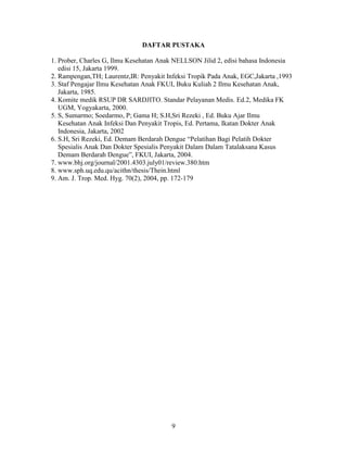 DAFTAR PUSTAKA

1. Prober, Charles G, Ilmu Kesehatan Anak NELLSON Jilid 2, edisi bahasa Indonesia
   edisi 15, Jakarta 1999.
2. Rampengan,TH; Laurentz,IR: Penyakit Infeksi Tropik Pada Anak, EGC,Jakarta ,1993
3. Staf Pengajar Ilmu Kesehatan Anak FKUI, Buku Kuliah 2 Ilmu Kesehatan Anak,
   Jakarta, 1985.
4. Komite medik RSUP DR SARDJITO. Standar Pelayanan Medis. Ed.2, Medika FK
   UGM, Yogyakarta, 2000.
5. S, Sumarmo; Soedarmo, P; Gama H; S.H,Sri Rezeki , Ed. Buku Ajar Ilmu
   Kesehatan Anak Infeksi Dan Penyakit Tropis, Ed. Pertama, Ikatan Dokter Anak
   Indonesia, Jakarta, 2002
6. S.H, Sri Rezeki, Ed. Demam Berdarah Dengue “Pelatihan Bagi Pelatih Dokter
   Spesialis Anak Dan Dokter Spesialis Penyakit Dalam Dalam Tatalaksana Kasus
   Demam Berdarah Dengue”, FKUI, Jakarta, 2004.
7. www.bhj.org/journal/2001.4303.july01/review.380.htm
8. www.sph.uq.edu.qu/acithn/thesis/Thein.html
9. Am. J. Trop. Med. Hyg. 70(2), 2004, pp. 172-179




                                         9
 