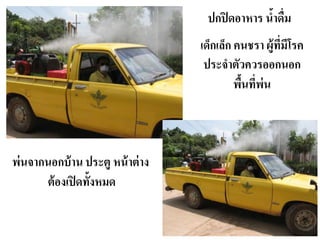 พ่นจากนอกบ้าน ประตู หน้าต่าง
ต้องเปิดทั้งหมด
ปกปิดอาหาร น้าดื่ม
เด็กเล็ก คนชรา ผู้ที่มีโรค
ประจาตัวควรออกนอก
พื้นที่พ่น
 