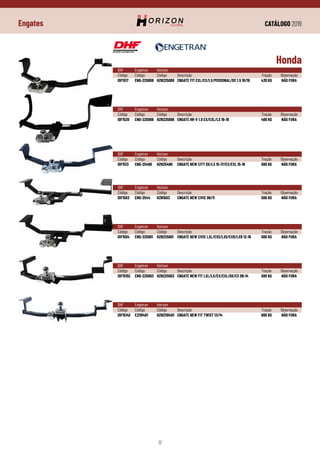 CATÁLOGO 2019
17
Engates
DHF	 Engetran	Horizon
Código	Código	 Código	 Descrição	 Tração	 Observação
IDF1517	 ENG-225008	 HZN225008	 ENGATE FIT EXL/EX/LX/PERSONAL/DX 1.5 18/19	 430 KG	 NÃO FURA
Honda
DHF	 Engetran	Horizon
Código	Código	 Código	 Descrição	 Tração	 Observação
IDF1513	 ENG-25490	 HZN25490	 ENGATE NEW CITY DX/LX 15-17/EX/EXL 15-18	 500 KG	 NÃO FURA
DHF	 Engetran	Horizon
Código	Código	 Código	 Descrição	 Tração	 Observação
IDF1520	 ENG-225006	 HZN225006	 ENGATE HR-V 1.8 EX/EXL/LX 16-19	 400 KG	 NÃO FURA
DHF	 Engetran	Horizon
Código	Código	 Código	 Descrição	 Tração	 Observação
IDF1503	 ENG-2544	 HZN1503	 ENGATE NEW CIVIC 06/11	 500 KG	 NÃO FURA
DHF	 Engetran	Horizon
Código	Código	 Código	 Descrição	 Tração	 Observação
IDF1504	 ENG-225001	 HZN225001	 ENGATE NEW CIVIC LXL/EXS/LXS/EXR/LXR 12-16	 500 KG	 NÃO FURA
DHF	 Engetran	Horizon
Código	Código	 Código	 Descrição	 Tração	 Observação
IDF1515E	 ENG-225003	 HZN225003	 ENGATE NEW FIT LXL/LX/EX/EXL/DX/CX 09-14	 500 KG	 NÃO FURA
DHF	 Engetran	Horizon
Código	Código	 Código	 Descrição	 Tração	 Observação
IDF1514E	 E21104D1	 HZN21104D1	 ENGATE NEW FIT TWIST 13/14	 600 KG	 NÃO FURA
 