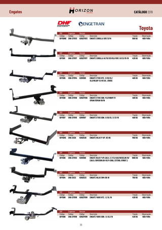 CATÁLOGO 2019
26
Engates
DHF	 Engetran	Horizon
Código	Código	 Código	 Descrição	 Tração	 Observação
IDF1595	 ENG-217014	 HZN1595	 ENGATE ETIOS HTC. X/XS/XL/	 400 KG	 NÃO FURA
			 XLS/READY 12-19 EXC. CROSS
Toyota
DHF	 Engetran	Horizon
Código	Código	 Código	 Descrição	 Tração	 Observação
IDF1597	 ENG-217015	 HZN1597	 ENGATE ETIOS SDN. X/XS/XL 1.5 12-18	 400 KG	 NÃO FURA
DHF	 Engetran	Horizon
Código	Código	 Código	 Descrição	 Tração	 Observação
IDF1598	 ENG-217016	 HZN217016	 ENGATE ETIOS SDN. PLATINUM 17/	 400 KG	 NÃO FURA
			 XMAN/XSMAN 18/19
DHF	 Engetran	Horizon
Código	Código	 Código	 Descrição	 Tração	 Observação
IDF1581E	 ENG-2530	 HZN2530	 ENGATE HILUX P-UP. 93-05	 1150 KG	 NÃO FURA
DHF	 Engetran	Horizon
Código	Código	 Código	 Descrição	 Tração	 Observação
IDF1590	 ENG-217012	HZN1590	 ENGATE HILUX P-UP.CAB.S. 2.7/3.0 GAS/DIESEL09-19/	 1000 KG	 NÃO FURA
			 CAB.D./SRVCROM.05-19 (P-CHOQ. ESTEND./EMBUT.)
DHF	 Engetran	Horizon
Código	Código	 Código	 Descrição	 Tração	 Observação
IDF1594	 ENG-2533	 HZN2533	 ENGATE HILUX SW4 06-18	 750 KG	 NÃO FURA
DHF	 Engetran	Horizon
Código	Código	 Código	 Descrição	 Tração	 Observação
IDF1599	 ENG-217018	 HZN217018	 ENGATE YARIS HTC. 1.3 XL 19	 430 KG	 NÃO FURA
DHF	 Engetran	Horizon
Código	Código	 Código	 Descrição	 Tração	 Observação
IDF1596	 ENG-217019	 HZN217019	 ENGATE YARIS SDN. 1.5 XLS 19	 430 KG	 NÃO FURA
DHF	 Engetran	Horizon
Código	Código	 Código	 Descrição	 Tração	 Observação
IDF1589E	 ENG-217013	 HZN217013	 ENGATE COROLLA XRS 13/14	 500 KG	 NÃO FURA
DHF	 Engetran	Horizon
Código	Código	 Código	 Descrição	 Tração	 Observação
IDF1591	 ENG-217017	 HZN217017	 ENGATE COROLLA ALTIS/XEI/GLI/XRS 1.8/2.0 15-19	 430 KG	 NÃO FURA
 