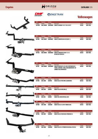 CATÁLOGO 2019
27
Engates
DHF	 Engetran	Horizon
Código	Código	 Código	 Descrição	 Tração	 Observação
IDF1130	 ENG-210064	 HZN210064	 ENGATE CROSSFOX ESCAP. D. 1.6	 400 KG	 NÃO FURA
			 15/16/FOX PEPPER 15
Volkswagen
DHF	 Engetran	Horizon
Código	Código	 Código	 Descrição	 Tração	 Observação
IDF1100	 ENG-2005	 HZN1100	 ENGATE GOL 87/95 (MOD. QUADRADO)	 500 KG	 NÃO FURA
DHF	 Engetran	Horizon
Código	Código	 Código	 Descrição	 Tração	 Observação
IDF1151	 ENG-210063	 HZN210063	 ENGATEFOXESCAP.S./D./G2/I-MOTION/BLUE./	 400 KG	 NÃO FURA
			 TREND./COMFORT./HIGH./ROCKINRIO16V04-19/
			 CONNECT19/XTREME18/19
DHF	 Engetran	Horizon
Código	Código	 Código	 Descrição	 Tração	 Observação
IDF1101	 ENG-2010	 HZN1101	 ENGATE GOL 95/98 (BOLA)	 500 KG	 NÃO FURA
DHF	 Engetran	Horizon
Código	Código	 Código	 Descrição	 Tração	 Observação
IDF1103	 ENG-2012	 HZN1103	 ENGATE GOL 99/00 SPECIAL (G3)	 400 KG	 NÃO FURA
DHF	 Engetran	Horizon
Código	Código	 Código	 Descrição	 Tração	 Observação
IDF1108	 ENG-2009	 HZN2009	 ENGATE GOL G3 1.0 16V TURBO 00-05	 400 KG	 NÃO FURA
DHF	 Engetran	Horizon
Código	Código	 Código	 Descrição	 Tração	 Observação
IDF1104	 ENG-2001	 HZN2001	 ENGATE GOL G3 99-05/G4/TREND 06-14	 400 KG	 NÃO FURA
DHF	 Engetran	Horizon
Código	Código	 Código	 Descrição	 Tração	 Observação
IDF1110	 ENG-2002	 HZN2002	 ENGATE GOL G5-7/POWER 09-18/RALLYE 09-14	 400 KG	 NÃO FURA
DHF	 Engetran	Horizon
Código	Código	 Código	 Descrição	 Tração	 Observação
IDF1197E	 ENG-210058	 HZN210058	 ENGATE AMAROK P-UP. TDI 2.0 10-17	 700 KG	 NÃO FURA
DHF	 Engetran	Horizon
Código	Código	 Código	 Descrição	 Tração	 Observação
IDF1150	 ENG-210057	 HZN210057	 ENGATE CROSSFOX 06-15 ESCAP. S.	 400 KG	 NÃO FURA
 