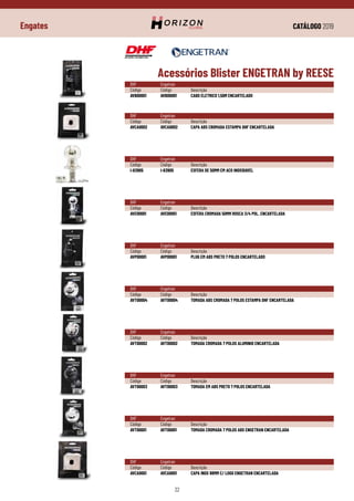 CATÁLOGO 2019
32
Engates
DHF	Engetran
Código	Código	Descrição
AVB00001	 AVB00001	 CABO ELETRICO 1,50M ENCARTELADO
DHF	Engetran
Código	Código	Descrição
AVCA0002	 AVCA0002	 CAPA ABS CROMADA ESTAMPA DHF ENCARTELADA
DHF	Engetran
Código	Código	Descrição
I-63905	 I-63905	 ESFERA DE 50MM EM ACO INOXIDAVEL
DHF	Engetran
Código	Código	Descrição
AVE00001	 AVE00001	 ESFERA CROMADA 50MM ROSCA 3/4 POL. ENCARTELADA
DHF	Engetran
Código	Código	Descrição
AVP00001	 AVP00001	 PLUG EM ABS PRETO 7 POLOS ENCARTELADO
DHF	Engetran
Código	Código	Descrição
AVT00004	 AVT00004	 TOMADA ABS CROMADA 7 POLOS ESTAMPA DHF ENCARTELADA
DHF	Engetran
Código	Código	Descrição
AVT00002	 AVT00002	 TOMADA CROMADA 7 POLOS ALUMINIO ENCARTELADA
DHF	Engetran
Código	Código	Descrição
AVT00003	 AVT00003	 TOMADA EM ABS PRETO 7 POLOS ENCARTELADA
DHF	Engetran
Código	Código	Descrição
AVT00001	 AVT00001	 TOMADA CROMADA 7 POLOS ABS ENGETRAN ENCARTELADA
DHF	Engetran
Código	Código	Descrição
AVCA0001	 AVCA0001	 CAPA INOX 88MM C/ LOGO ENGETRAN ENCARTELADA
Acessórios Blister ENGETRAN by REESE
 
