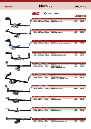 CATÁLOGO 2019
8
Engates
Chevrolet
DHF	 Engetran	Horizon
Código	Código	 Código	 Descrição	 Tração	 Observação
IDF1363	 ENG-212060	 HZN212060	 ENGATE SPIN LT/LTZ/ADVANTAGE/ACTIV 12-18	 400 KG	 NÃO FURA
DHF	 Engetran	Horizon
Código	Código	 Código	 Descrição	 Tração	 Observação
IDF1364	 ENG-212065	 HZN212065	 ENGATE SPIN 1.8 LS/LT/LTZ/ACTIV 19	 430 KG	 NÃO FURA
DHF	 Engetran	Horizon
Código	Código	 Código	 Descrição	 Tração	 Observação
IDF1385	 ENG-2270	 HZN2270	 ENGATE TRACKER 01-08/	 700 KG	 NÃO FURA
			 GRAND VITARA 5 PORTAS 98-06
DHF	 Engetran	Horizon
Código	Código	 Código	 Descrição	 Tração	 Observação
IDF1386	 ENG-2271	 HZN2271	 ENGATE TRACKER 4X2 LT/LTZ/	 420 KG	 NÃO FURA
			 FREERIDE 1.8 14-19/PREMIER 1.4 18/19
DHF	 Engetran	Horizon
Código	Código	 Código	 Descrição	 Tração	 Observação
IDF1373	 E20923A1	 HZN20923A1	 ENGATE TRAILBLAZER 13-18	 1500 KG	 NÃO FURA
DHF	 Engetran	Horizon
Código	Código	 Código	 Descrição	 Tração	 Observação
IDF1347	 ENG-2231	 HZN1347	 ENGATE VECTRA 00/05	 400 KG	 NÃO FURA
DHF	 Engetran	Horizon
Código	Código	 Código	 Descrição	 Tração	 Observação
IDF1346	 ENG-2230	 HZN1346	 ENGATE VECTRA 97/99	 400 KG	 NÃO FURA
DHF	 Engetran	Horizon
Código	Código	 Código	 Descrição	 Tração	 Observação
IDF1351	 ENG-2233	 HZN1351	 ENGATE VECTRA GT GTX HTC. 07/12	 400 KG	 NÃO FURA
DHF	 Engetran	Horizon
Código	Código	 Código	 Descrição	 Tração	 Observação
IDF1325E	 ENG-212056	 HZN212056	 ENGATE SONIC HTC. 12-15	 427 KG	 NÃO FURA
DHF	 Engetran	Horizon
Código	Código	 Código	 Descrição	 Tração	 Observação
IDF1323E	 ENG-212057	 HZN212057	 ENGATE SONIC SDN. 12-15	 420 KG	 NÃO FURA
 