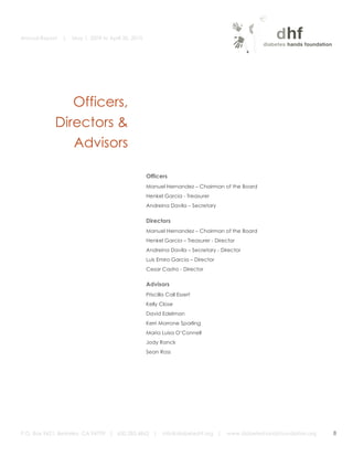 Annual Report      |   May 1, 2009 to April 30, 2010


	
  
                  	
  




                            Officers,
                         Directors &
                            Advisors
                                                              	
  
                                                              Officers
                                                              Manuel Hernandez – Chairman of the Board
                                                              Henkel Garcia - Treasurer
                                                              Andreina Davila – Secretary


                                                              Directors
                                                              Manuel Hernandez – Chairman of the Board
                                                              Henkel Garcia – Treasurer - Director
                                                              Andreina Davila – Secretary - Director
                                                              Luis Emiro Garcia – Director
                                                              Cesar Castro - Director

                                                              Advisors
                                                              Priscilla Call Essert
                                                              Kelly Close
                                                              David Edelman
                                                              Kerri Morrone Sparling
                                                              Maria Luisa O’Connell
                                                              Jody Ranck
                                                              Sean Ross


                                                              	
  




       P.O. Box 9421, Berkeley, CA 94709 | 650.283.4862 |            info@diabeteshf.org |    www.diabeteshandsfoundation.org   8
                                                                                                                                    	
  
 
