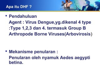 Apa itu DHF ?
 Pendahuluan
Agent : Virus Dengue,yg.dikenal 4 type
:Type 1,2,3 dan 4. termasuk Group B
Arthropode Borne Viruses(Arbovirosis)
 Mekanisme penularan :
Penularan oleh nyamuk Aedes aegypti
betina.
 