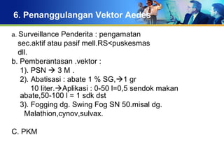 6. Penanggulangan Vektor Aedes
a. Surveillance Penderita : pengamatan
sec.aktif atau pasif mell.RS<puskesmas
dll.
b. Pemberantasan .vektor :
1). PSN  3 M .
2). Abatisasi : abate 1 % SG,1 gr
10 liter.Aplikasi : 0-50 l=0,5 sendok makan
abate,50-100 l = 1 sdk dst
3). Fogging dg. Swing Fog SN 50.misal dg.
Malathion,cynov,sulvax.
C. PKM
 